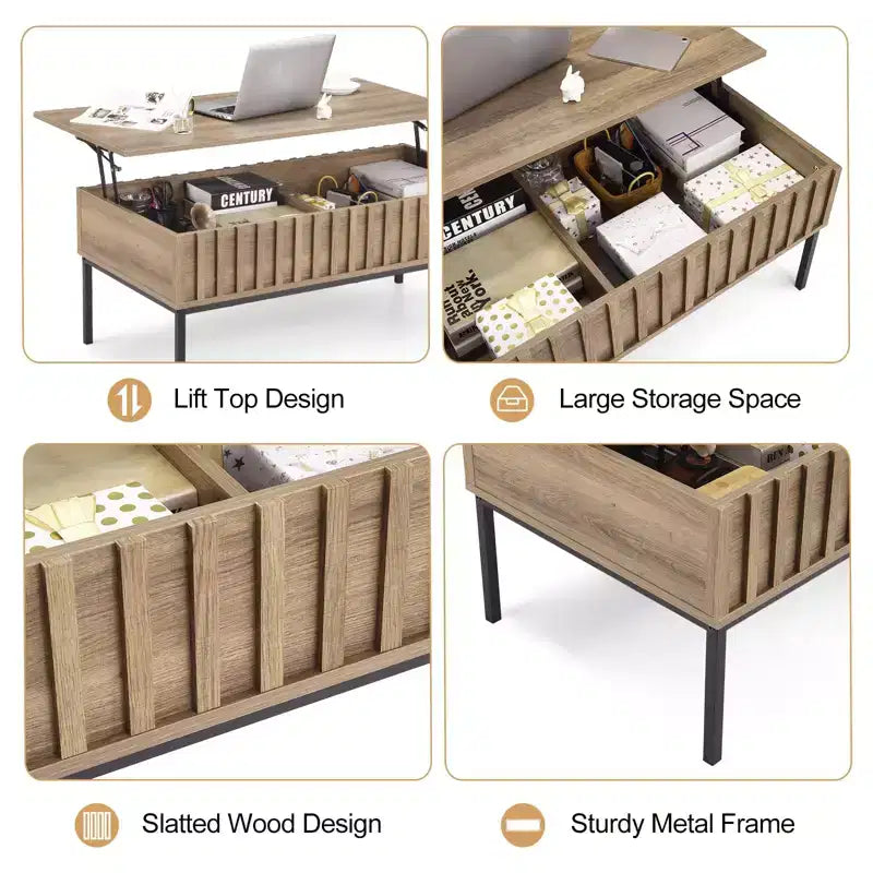 Mesa de centro elevable, mesa de centro moderna de mediados de siglo, mesa de centro de madera estilo rústico con compartimento de almacenamiento oculto, mesa de centro rústica