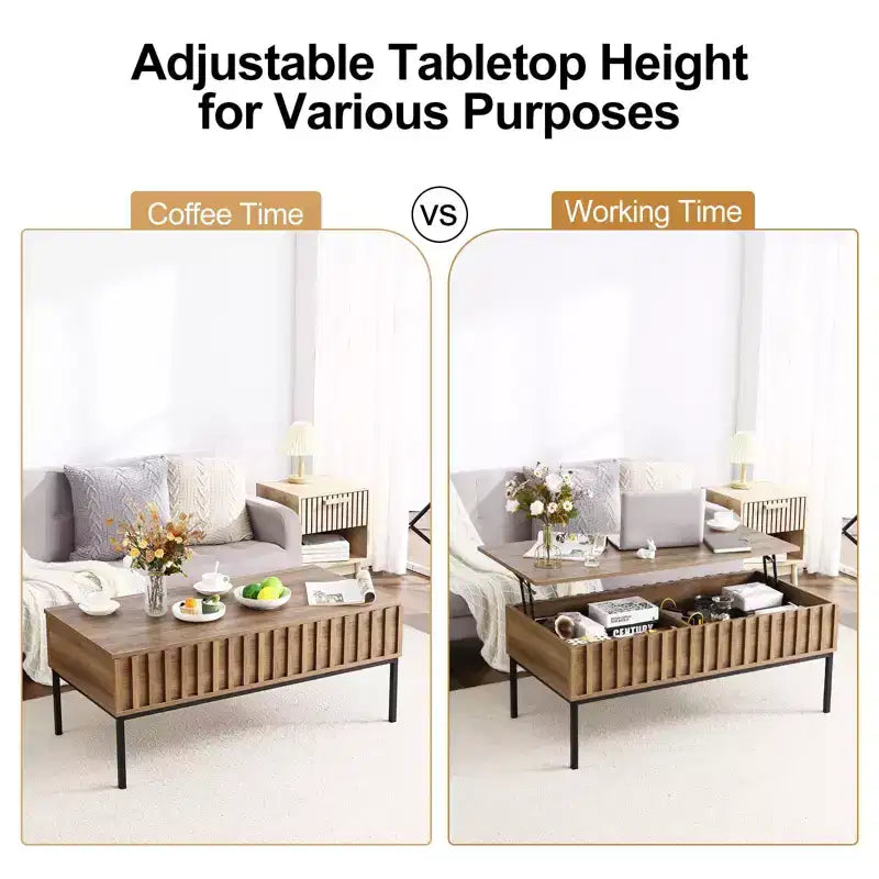 Mesa de centro elevable, mesa de centro moderna de mediados de siglo, mesa de centro de madera estilo rústico con compartimento de almacenamiento oculto, mesa de centro rústica