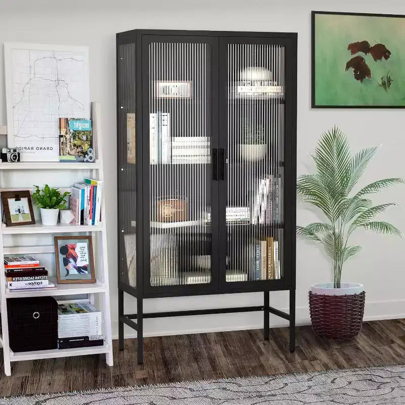 Vitrina con puertas de cristal, vitrina curio con estantes ajustables de 3 niveles, mueble de almacenamiento para el hogar, sala de estar y oficina, color negro