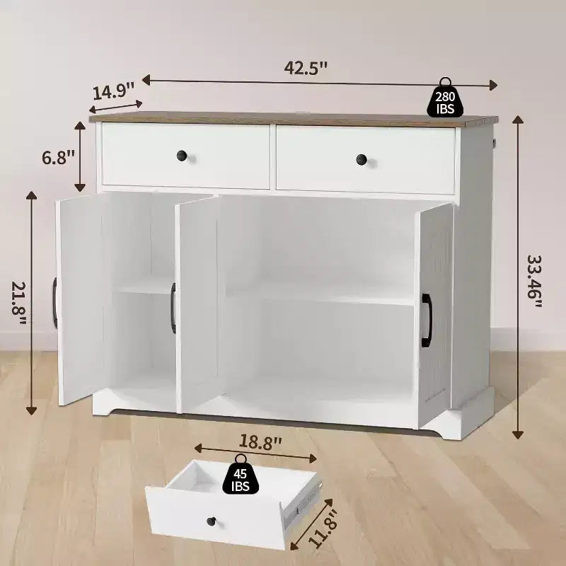 Aparador tipo alacena rústica de 42.5" - Aparador de almacenamiento con cajones y estante ajustable para comedor