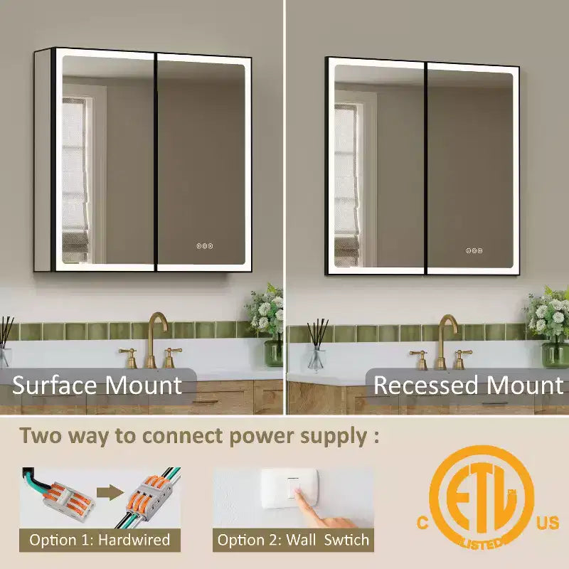 Botiquín de baño con espejo LED, montaje empotrado o en superficie, luz regulable, antivaho, estantes ajustables