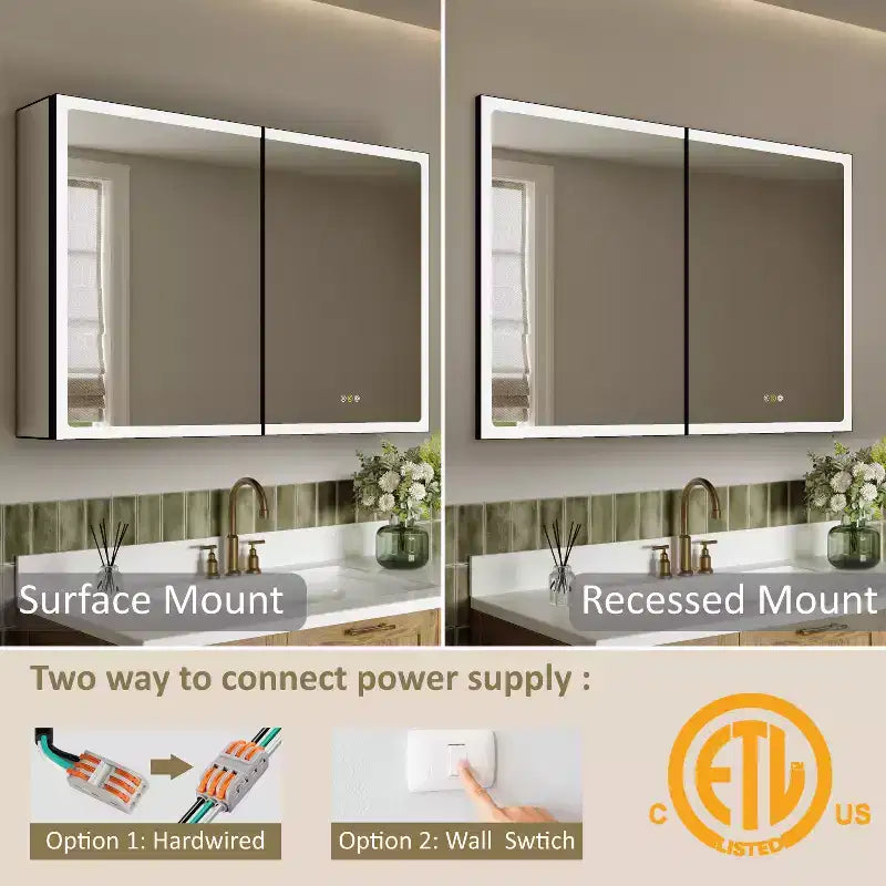 Botiquín de baño con espejo LED, montaje empotrado o en superficie, luz regulable, antivaho, estantes ajustables