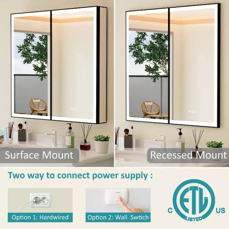 Botiquín de baño con espejo LED, montaje empotrado o en superficie, luz regulable, antivaho, estantes ajustables