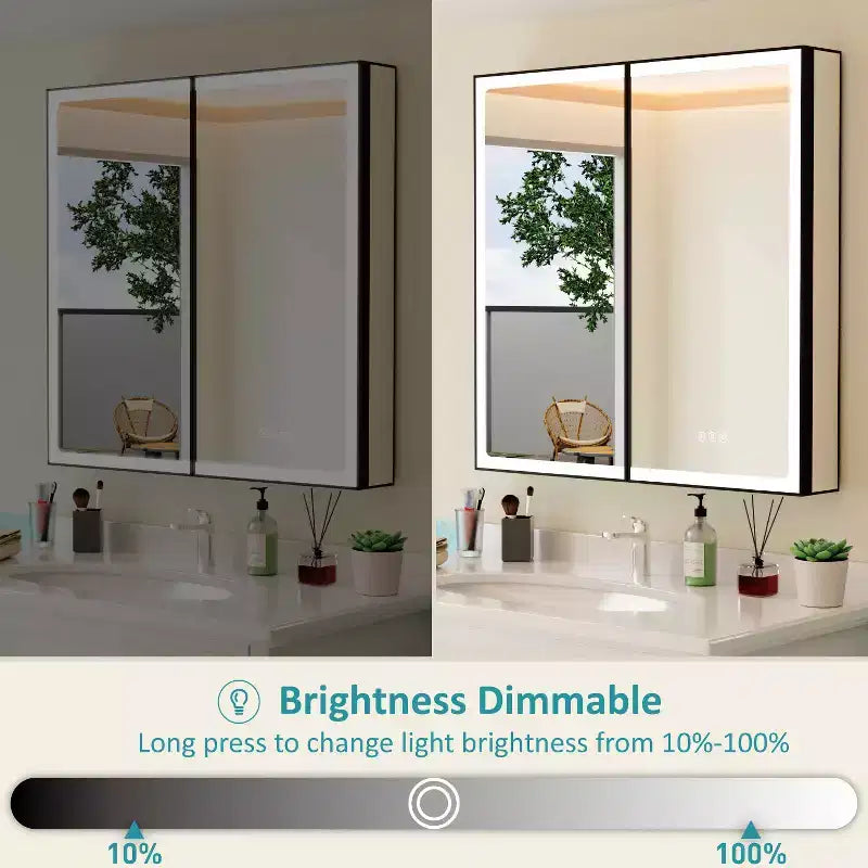 Botiquín de baño con espejo LED, montaje empotrado o en superficie, luz regulable, antivaho, estantes ajustables