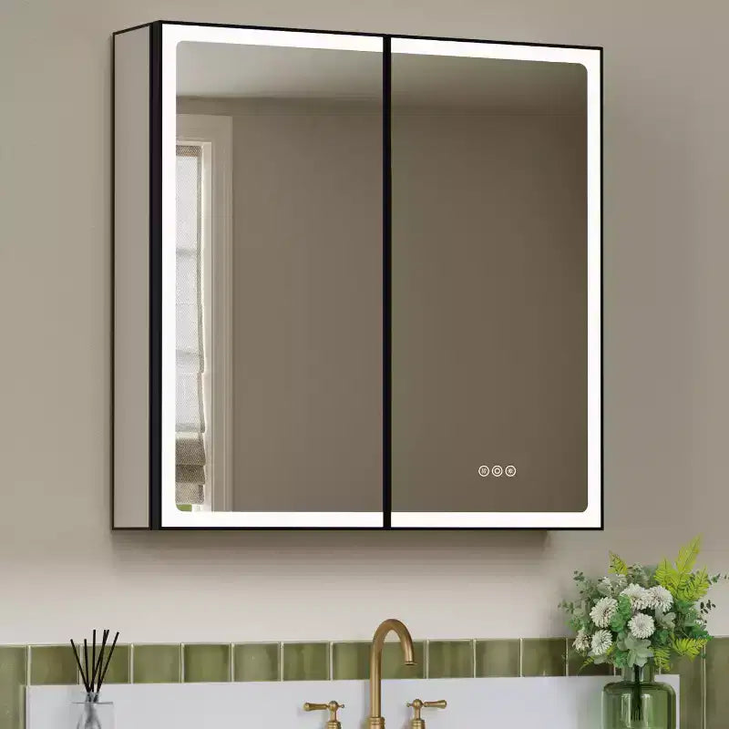 Botiquín de baño con espejo LED, montaje empotrado o en superficie, luz regulable, antivaho, estantes ajustables
