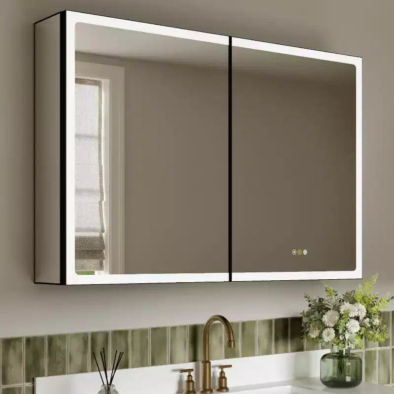 Botiquín de baño con espejo LED, montaje empotrado o en superficie, luz regulable, antivaho, estantes ajustables