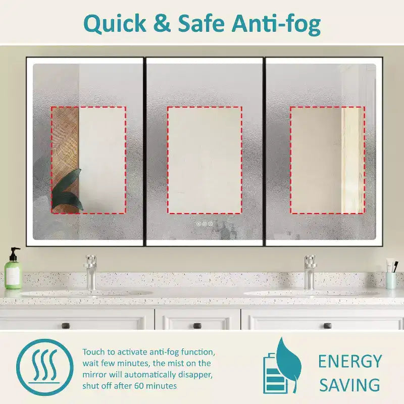 Botiquín de baño con espejo LED, montaje empotrado o en superficie, luz regulable, antivaho, estantes ajustables