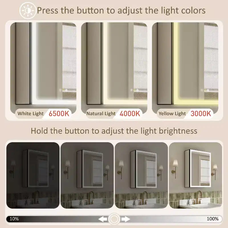 Botiquín de baño con espejo LED, montaje empotrado o en superficie, luz regulable, antivaho, estantes ajustables
