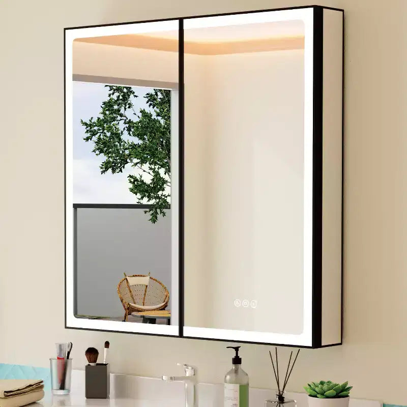 Botiquín de baño con espejo LED, montaje empotrado o en superficie, luz regulable, antivaho, estantes ajustables