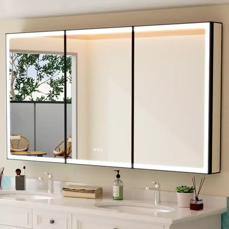 Botiquín de baño con espejo LED, montaje empotrado o en superficie, luz regulable, antivaho, estantes ajustables
