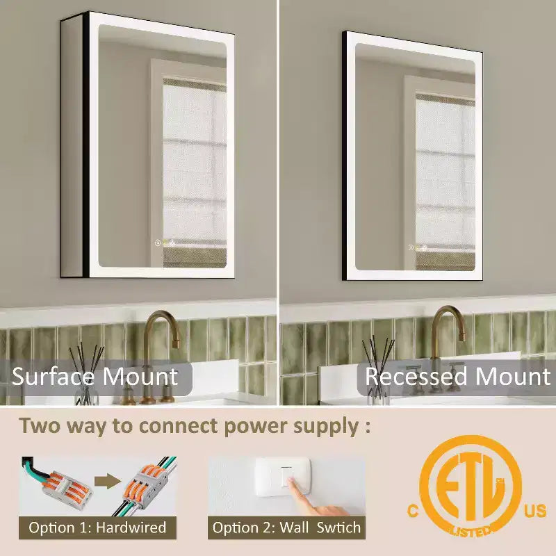 Botiquín de baño con espejo LED, montaje empotrado o en superficie, luz regulable, antivaho, estantes ajustables