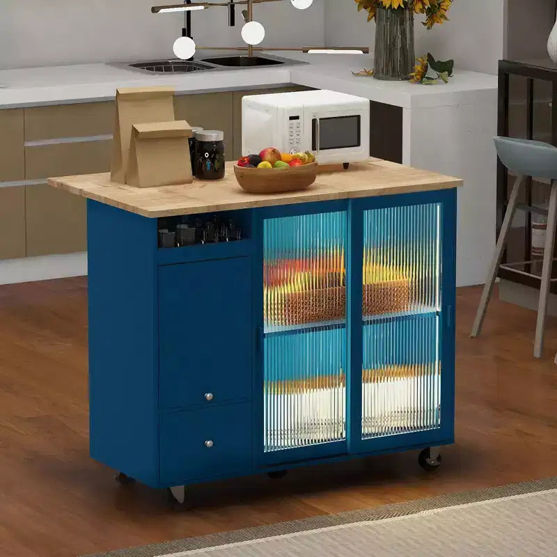 Carro de isla de cocina rodante TROPOW con luz LED, mesa de isla de cocina con estante ajustable con almacenamiento de 2 cajones, isla sobre ruedas