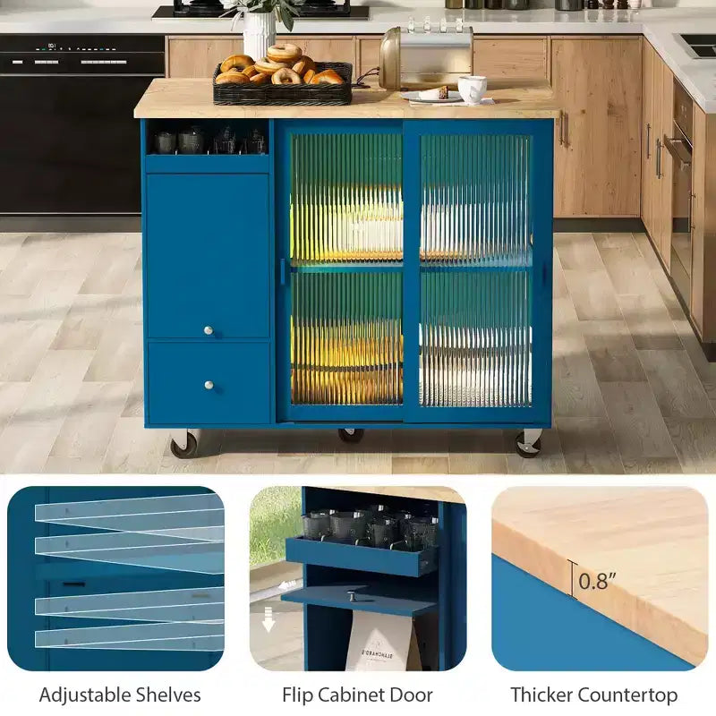 Carro de isla de cocina rodante TROPOW con luz LED, mesa de isla de cocina con estante ajustable con almacenamiento de 2 cajones, isla sobre ruedas