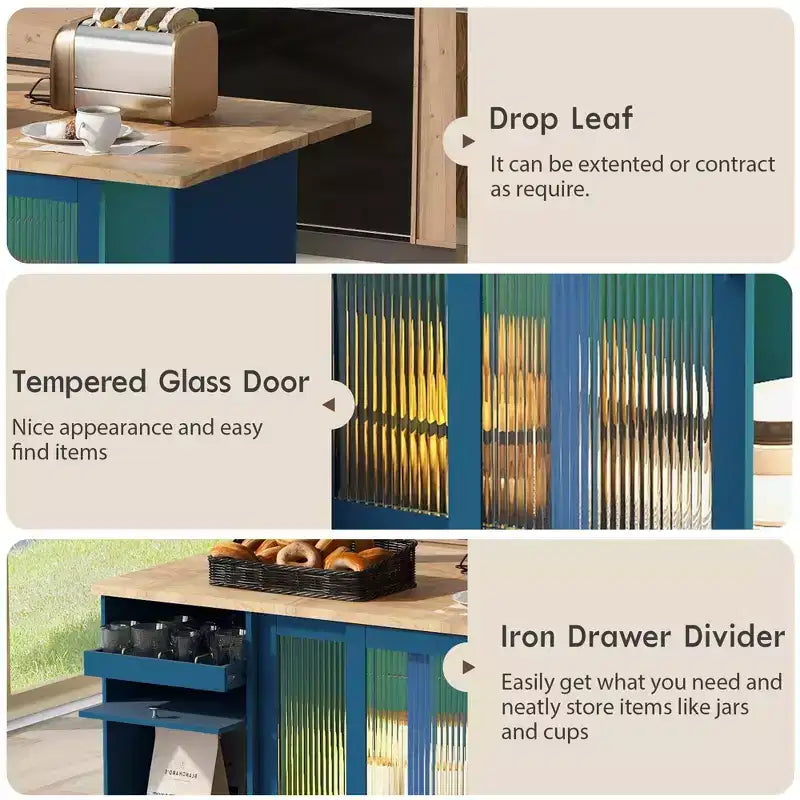 Carro de isla de cocina rodante TROPOW con luz LED, mesa de isla de cocina con estante ajustable con almacenamiento de 2 cajones, isla sobre ruedas