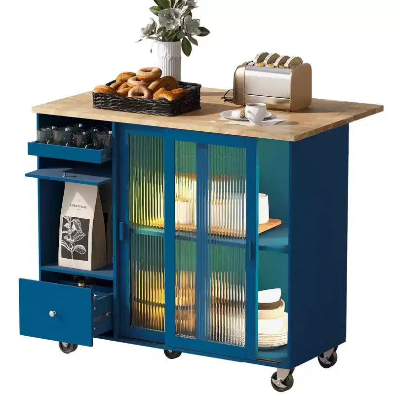 Carro de isla de cocina rodante TROPOW con luz LED, mesa de isla de cocina con estante ajustable con almacenamiento de 2 cajones, isla sobre ruedas