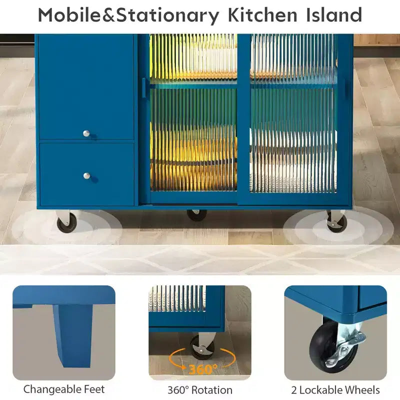 Carro de isla de cocina rodante TROPOW con luz LED, mesa de isla de cocina con estante ajustable con almacenamiento de 2 cajones, isla sobre ruedas