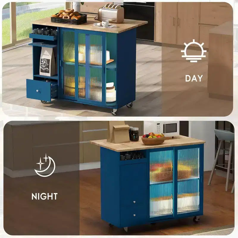 Carro de isla de cocina rodante TROPOW con luz LED, mesa de isla de cocina con estante ajustable con almacenamiento de 2 cajones, isla sobre ruedas