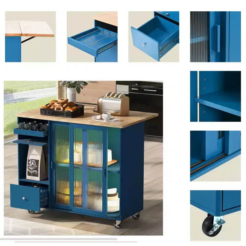 Carro de isla de cocina rodante TROPOW con luz LED, mesa de isla de cocina con estante ajustable con almacenamiento de 2 cajones, isla sobre ruedas