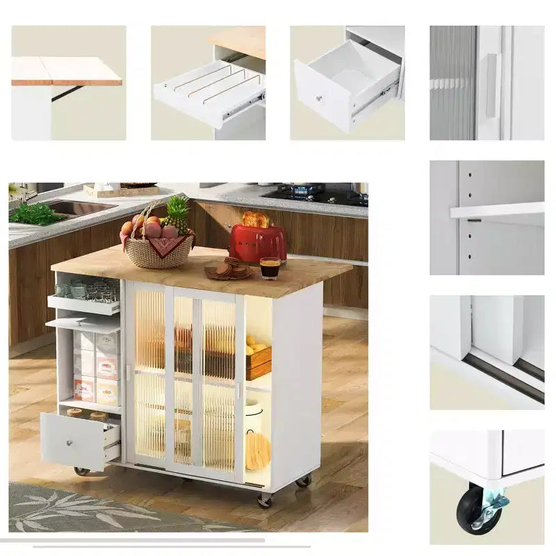 Carro de isla de cocina rodante TROPOW con luz LED, mesa de isla de cocina con estante ajustable con almacenamiento de 2 cajones, isla sobre ruedas