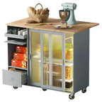 Carro de isla de cocina rodante TROPOW con luz LED, mesa de isla de cocina con estante ajustable con almacenamiento de 2 cajones, isla sobre ruedas