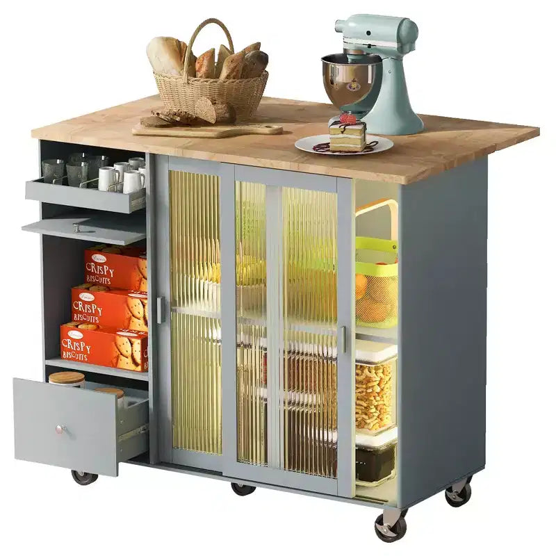Carro de isla de cocina rodante TROPOW con luz LED, mesa de isla de cocina con estante ajustable con almacenamiento de 2 cajones, isla sobre ruedas