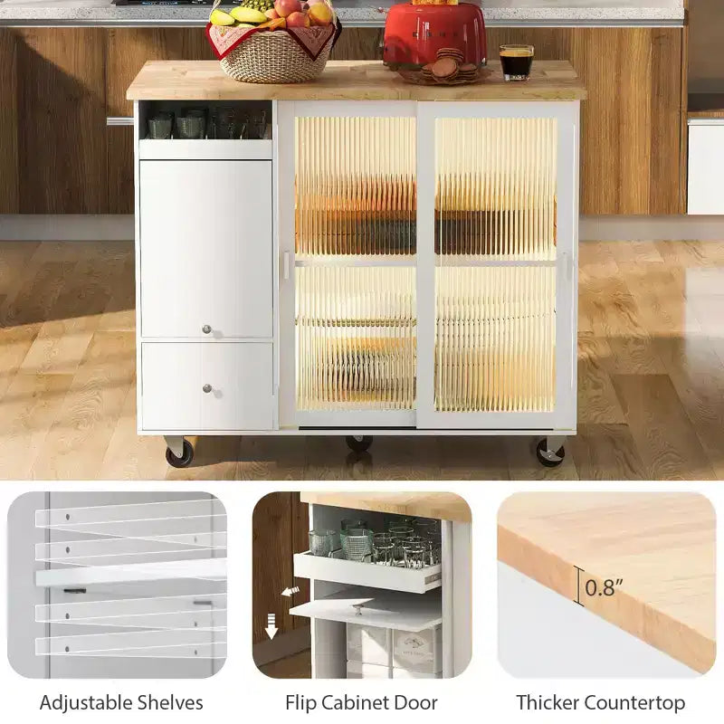 Carro de isla de cocina rodante TROPOW con luz LED, mesa de isla de cocina con estante ajustable con almacenamiento de 2 cajones, isla sobre ruedas