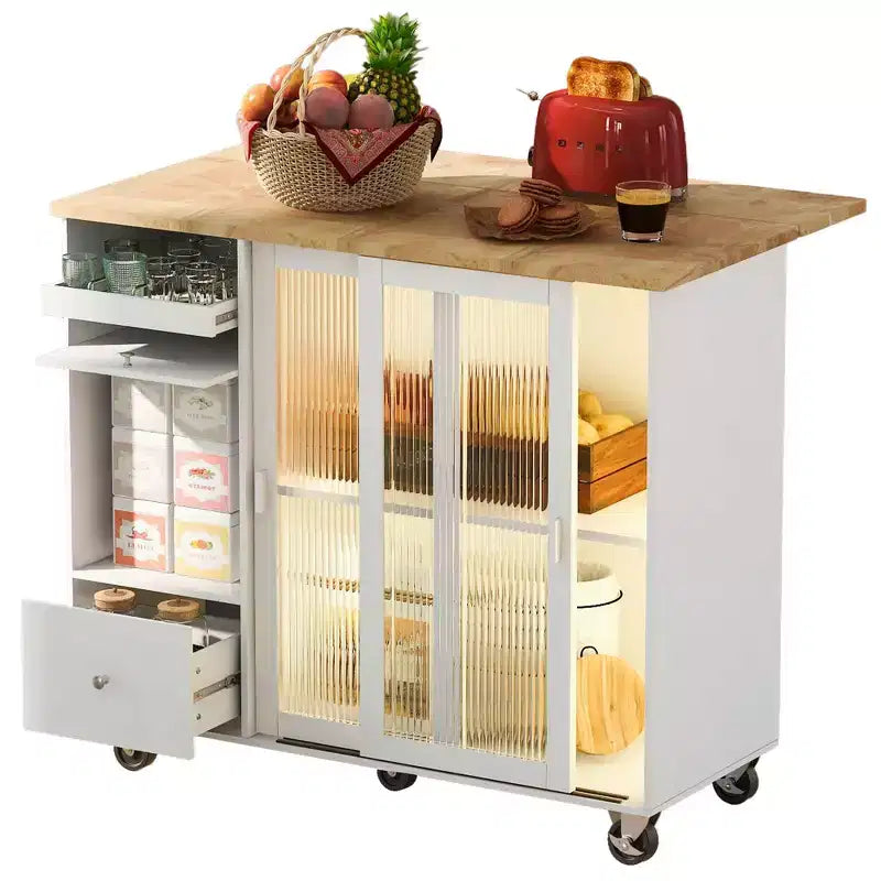 Carro de isla de cocina rodante TROPOW con luz LED, mesa de isla de cocina con estante ajustable con almacenamiento de 2 cajones, isla sobre ruedas