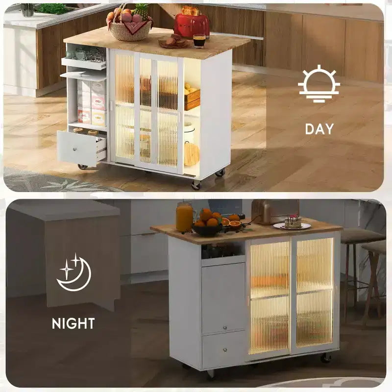 Carro de isla de cocina rodante TROPOW con luz LED, mesa de isla de cocina con estante ajustable con almacenamiento de 2 cajones, isla sobre ruedas