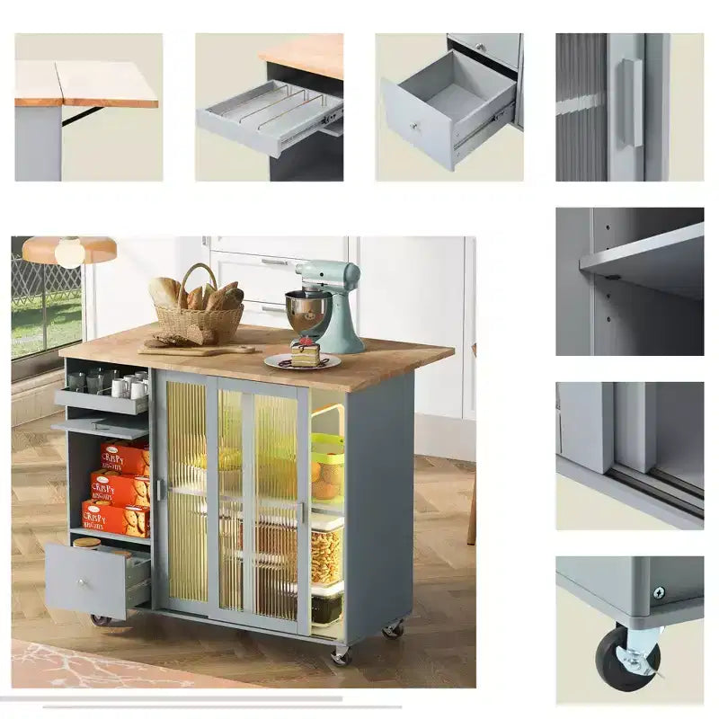 Carro de isla de cocina rodante TROPOW con luz LED, mesa de isla de cocina con estante ajustable con almacenamiento de 2 cajones, isla sobre ruedas