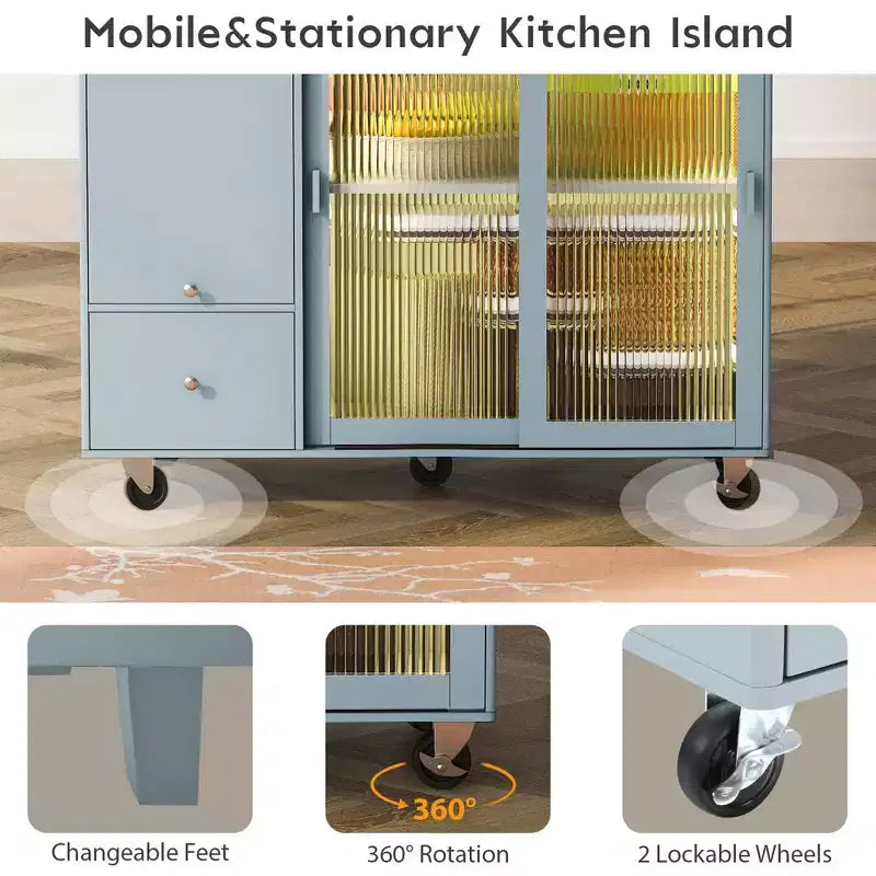 Carro de isla de cocina rodante TROPOW con luz LED, mesa de isla de cocina con estante ajustable con almacenamiento de 2 cajones, isla sobre ruedas