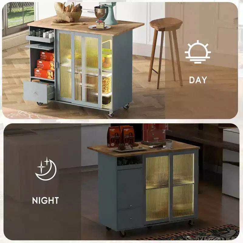 Carro de isla de cocina rodante TROPOW con luz LED, mesa de isla de cocina con estante ajustable con almacenamiento de 2 cajones, isla sobre ruedas