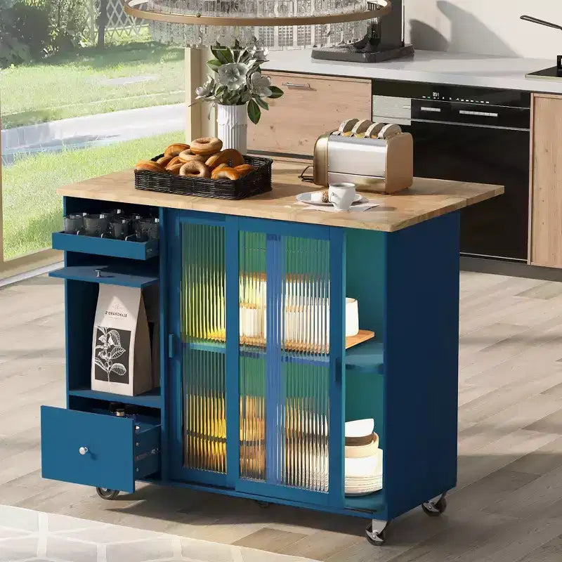 Carro de isla de cocina rodante TROPOW con luz LED, mesa de isla de cocina con estante ajustable con almacenamiento de 2 cajones, isla sobre ruedas