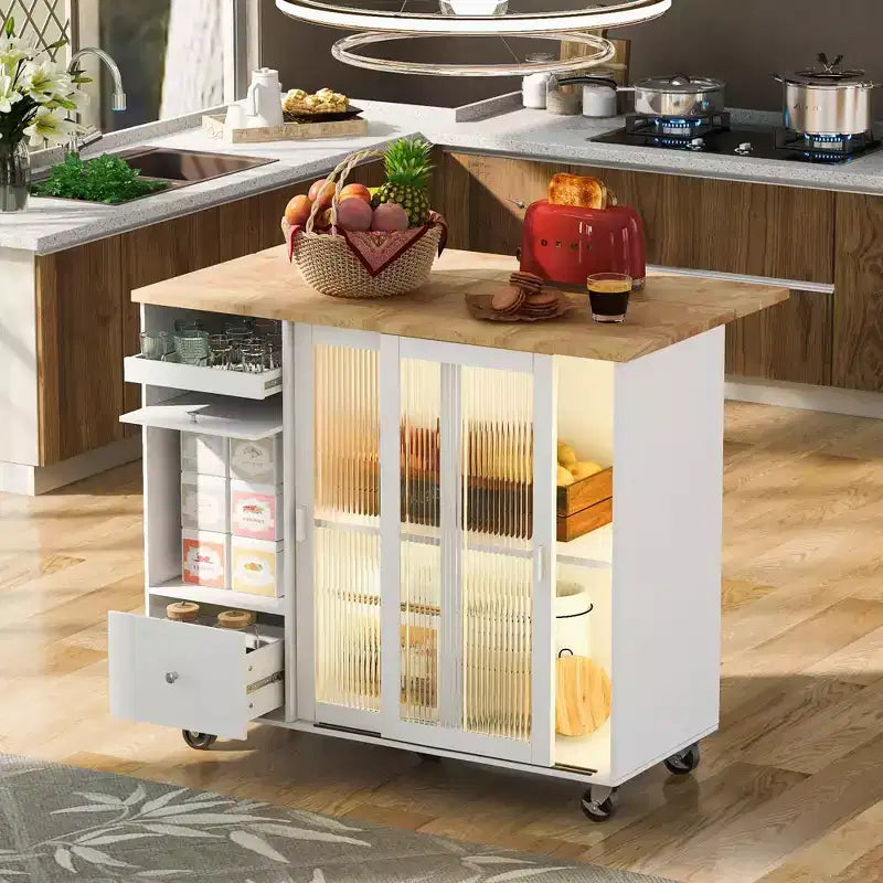 Carro de isla de cocina rodante TROPOW con luz LED, mesa de isla de cocina con estante ajustable con almacenamiento de 2 cajones, isla sobre ruedas