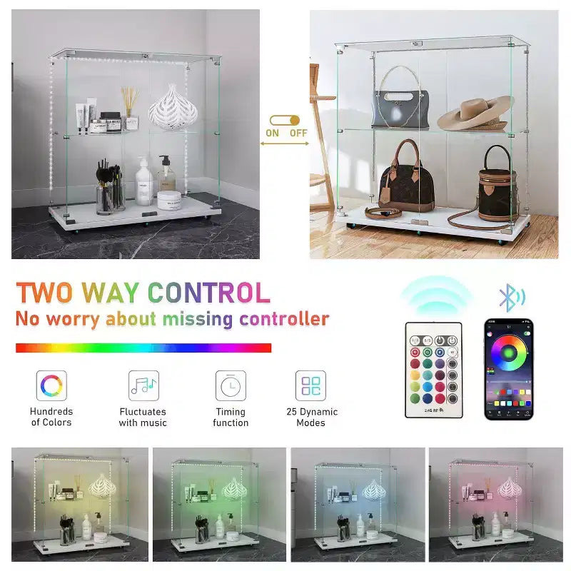 MAYEERTY Vitrina de Vidrio Templado Gabinete de Vino Archivador Tira de Luz Bluetooth Ruedas Giratorias con Cerradura Sala de Estar Dormitorio Oficina Blanco