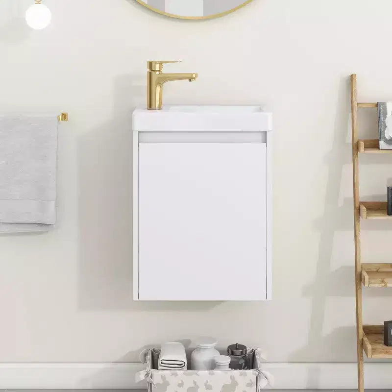 Tocador de baño TROPOW 16 con lavabo, mueble de tocador con puertas de cierre suave, mueble de baño de pared con lavabo flotante para espacios pequeños