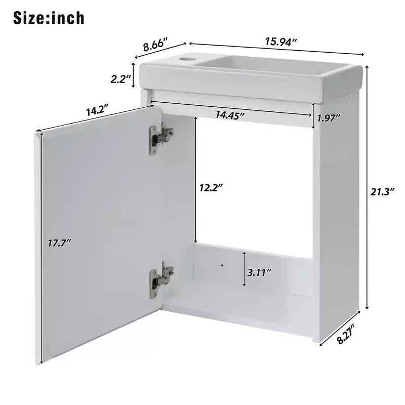 Tocador de baño TROPOW 16 con lavabo, mueble de tocador con puertas de cierre suave, mueble de baño de pared con lavabo flotante para espacios pequeños