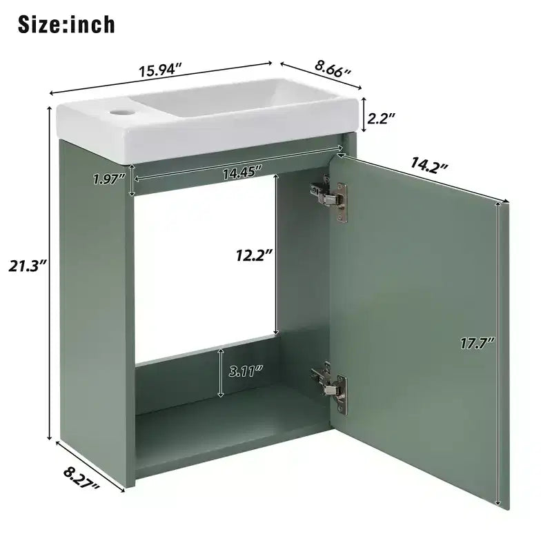 Tocador de baño TROPOW 16 con lavabo, mueble de tocador con puertas de cierre suave, mueble de baño de pared con lavabo flotante para espacios pequeños