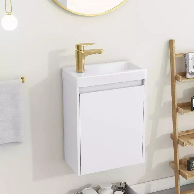 Tocador de baño TROPOW 16 con lavabo, mueble de tocador con puertas de cierre suave, mueble de baño de pared con lavabo flotante para espacios pequeños