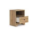 Signature Design by Ashley Bestmere mesita de noche de un cajón - acabado de grano de roble marrón cálido, carga USB-A y USB-C, almacenamiento con estante abierto