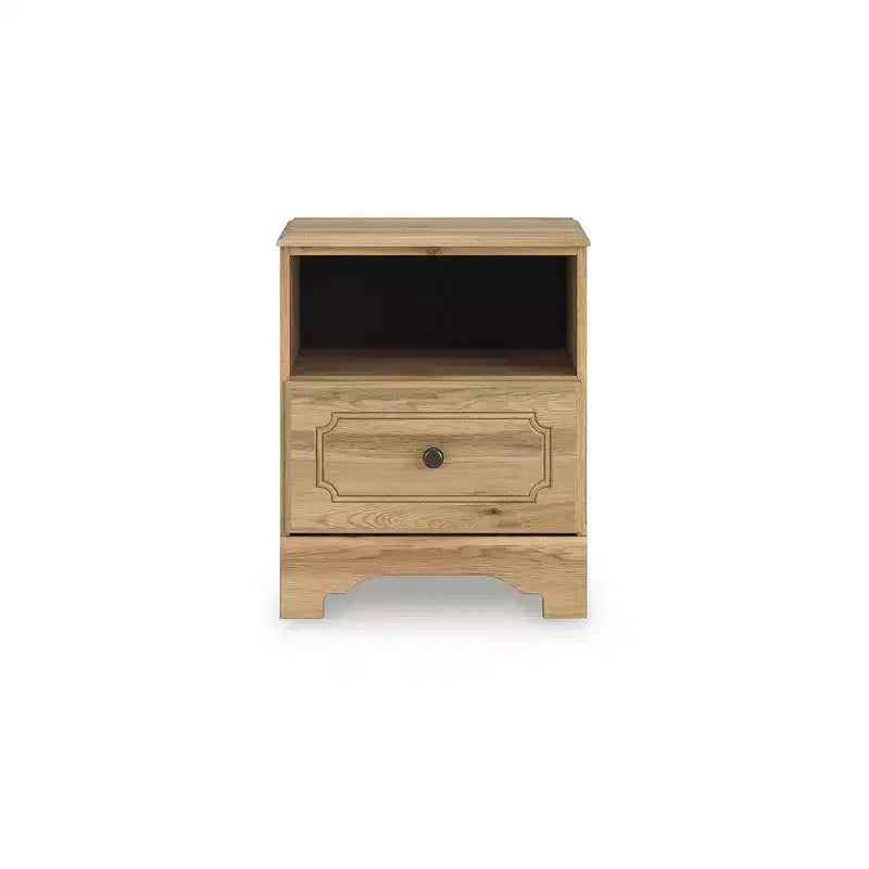 Signature Design by Ashley Bestmere mesita de noche de un cajón - acabado de grano de roble marrón cálido, carga USB-A y USB-C, almacenamiento con estante abierto
