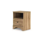 Signature Design by Ashley Bestmere mesita de noche de un cajón - acabado de grano de roble marrón cálido, carga USB-A y USB-C, almacenamiento con estante abierto