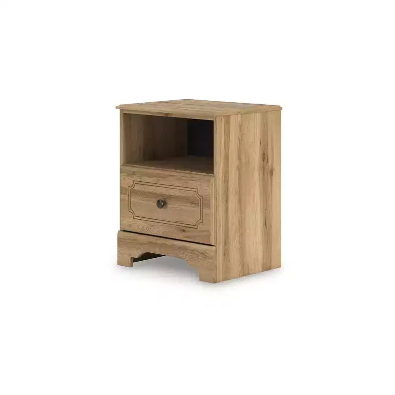 Signature Design by Ashley Bestmere mesita de noche de un cajón - acabado de grano de roble marrón cálido, carga USB-A y USB-C, almacenamiento con estante abierto