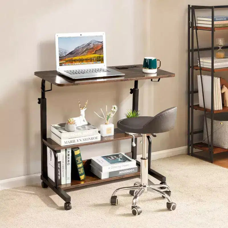 Mesa Auxiliar de Extremo para Laptop y Escritorio de Computadora Rodante y de Altura Ajustable de Madera P2 de 15 mm y Acero con Estación de Carga, 2 Puertos USB y Enchufes - Marrón
