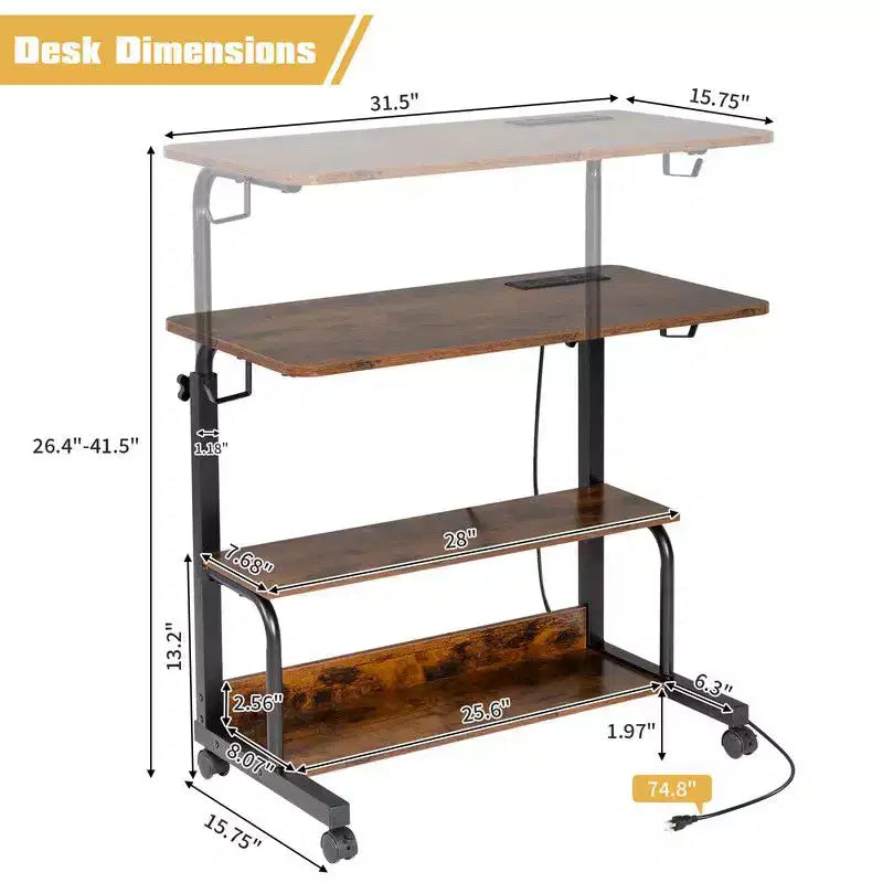 Mesa Auxiliar de Extremo para Laptop y Escritorio de Computadora Rodante y de Altura Ajustable de Madera P2 de 15 mm y Acero con Estación de Carga, 2 Puertos USB y Enchufes - Marrón