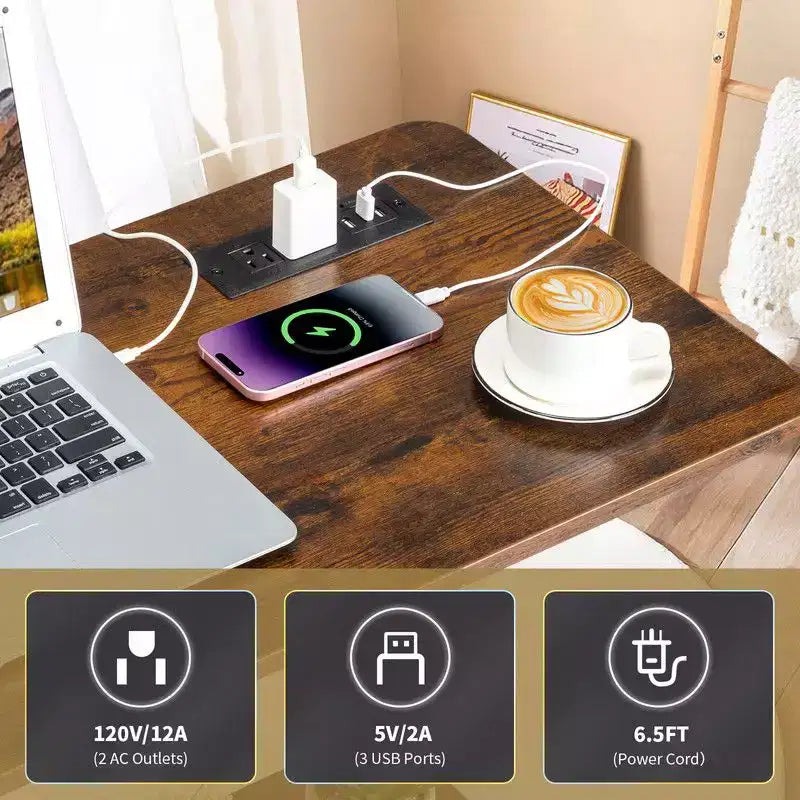 Mesa Auxiliar de Extremo para Laptop y Escritorio de Computadora Rodante y de Altura Ajustable de Madera P2 de 15 mm y Acero con Estación de Carga, 2 Puertos USB y Enchufes - Marrón