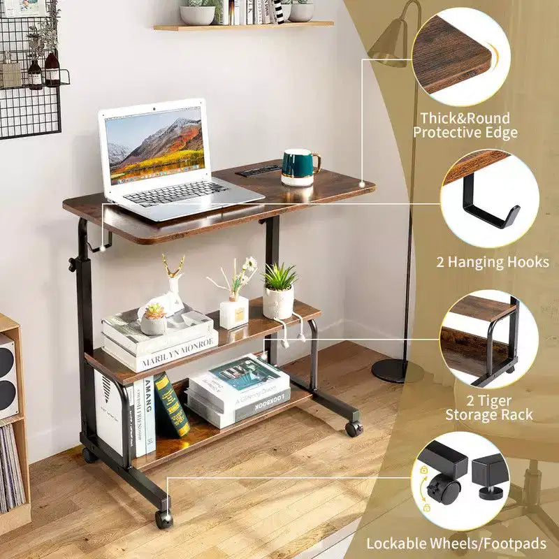 Mesa Auxiliar de Extremo para Laptop y Escritorio de Computadora Rodante y de Altura Ajustable de Madera P2 de 15 mm y Acero con Estación de Carga, 2 Puertos USB y Enchufes - Marrón