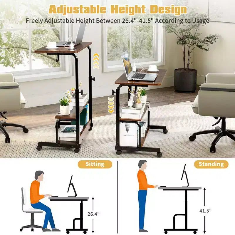 Mesa Auxiliar de Extremo para Laptop y Escritorio de Computadora Rodante y de Altura Ajustable de Madera P2 de 15 mm y Acero con Estación de Carga, 2 Puertos USB y Enchufes - Marrón
