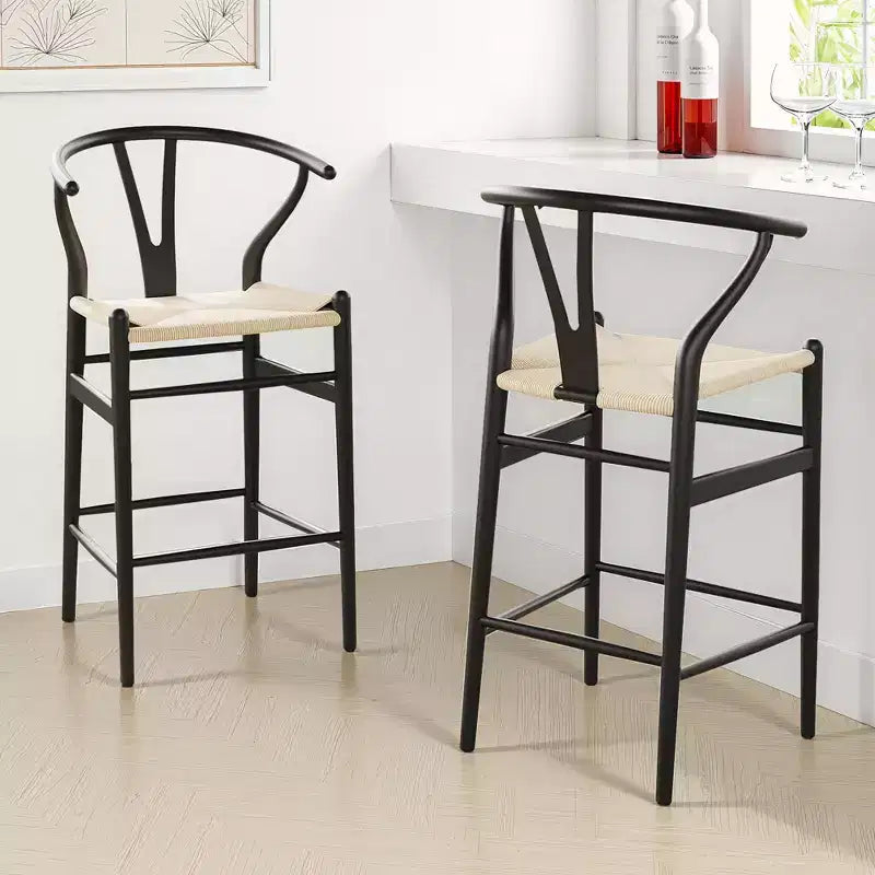 MAYEERTY Taburete de bar tejido con patas en forma de horquilla, completamente ensamblado, color beige, moderno y resistente para isla de cocina