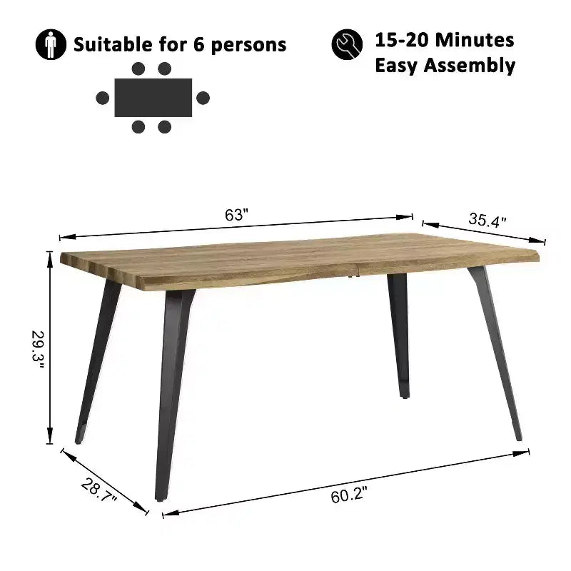 Mesa de comedor rectangular para 6 de Homy Casa 63, mesa moderna con aspecto de madera y patas de metal negro