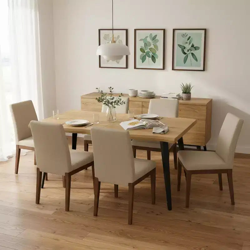 Mesa de comedor rectangular para 6 de Homy Casa 63, mesa moderna con aspecto de madera y patas de metal negro